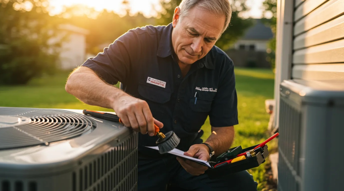 HVAC technician servicing residential air conditioning system in Pensacola Florida