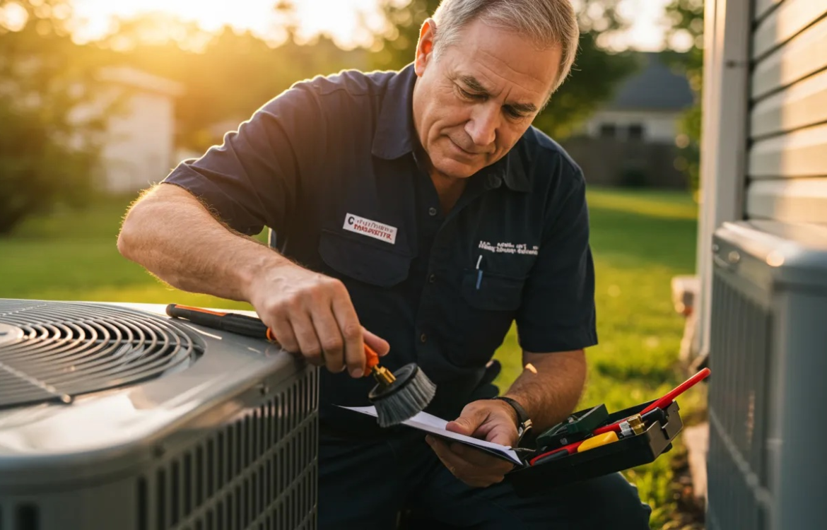 HVAC technician servicing residential air conditioning system in Pensacola Florida